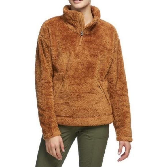 The North Face Brown Mock Neck Quarter Zip Furry Fleece Sherpa Pullover Jacket - Picture 1 of 10